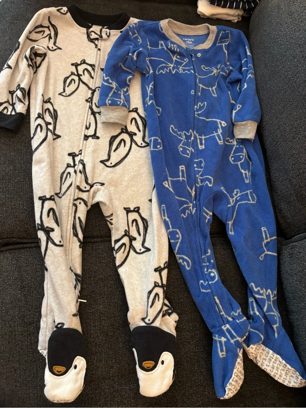 Carter's Blue Moose & Cream Penguin Fleece Footed One-Pieces
